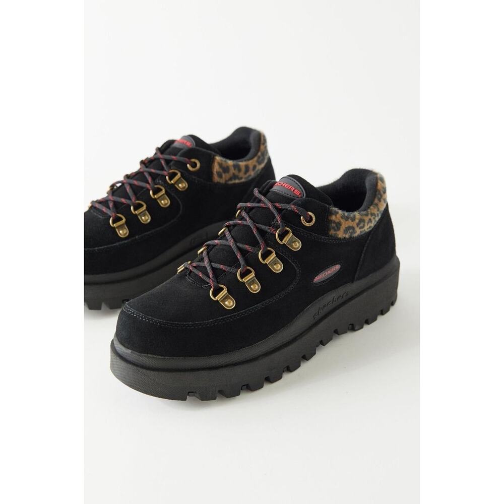 Skechers Shindigs Growl 5 eye Leapard Collar Black Suede Oxford Jammers Size 7.5